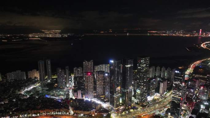 深圳福田区中洲湾建筑群夜景航拍