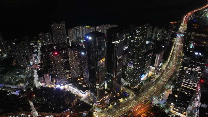 深圳福田区中洲湾建筑群夜景航拍