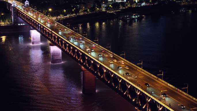 长江大桥鹦鹉洲大桥夜景航拍