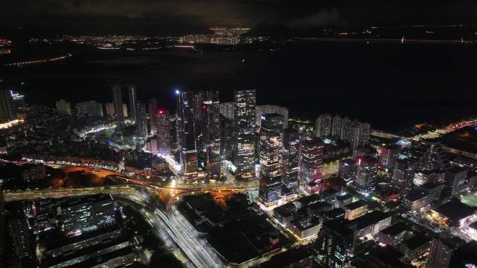 深圳福田区中洲湾建筑群夜景航拍