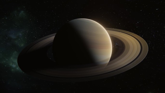 土星行星在自己的轨道上在外层空间旋转。土星的3d可视化。土星的突出环系统