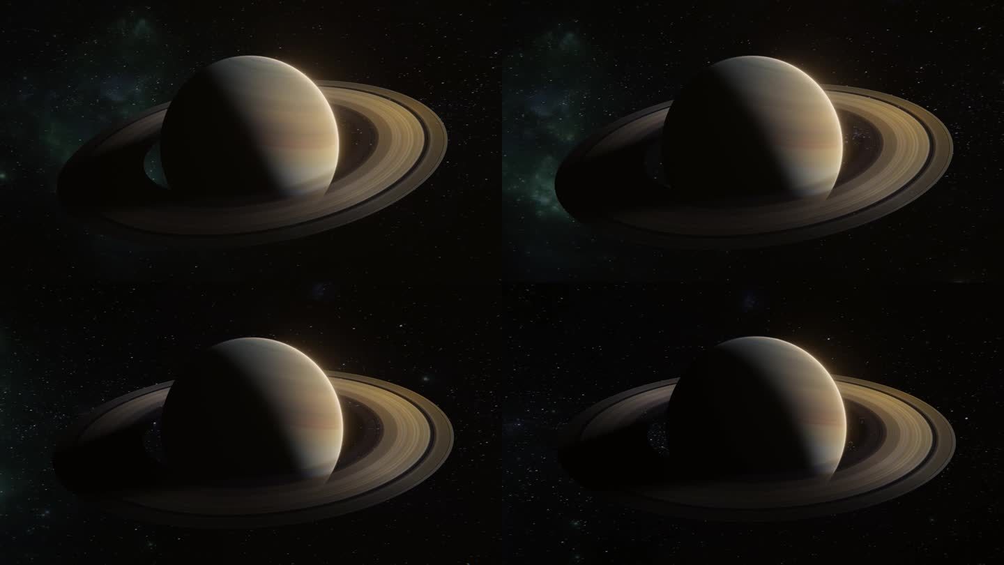 土星行星在自己的轨道上在外层空间旋转。土星的3d可视化。土星的突出环系统