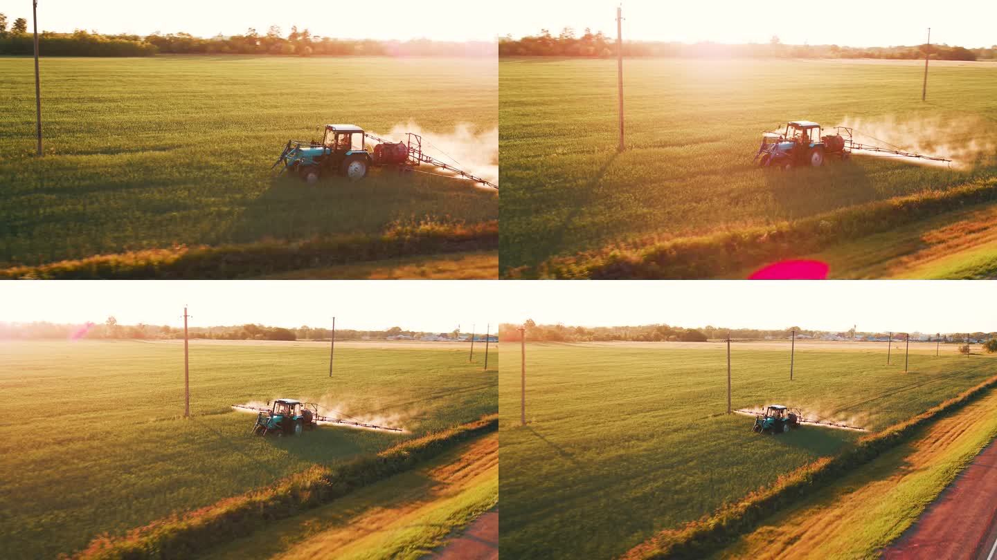 农用拖拉机在田间喷洒厂。俄罗斯普斯科夫地区。地平线上的太阳光线
