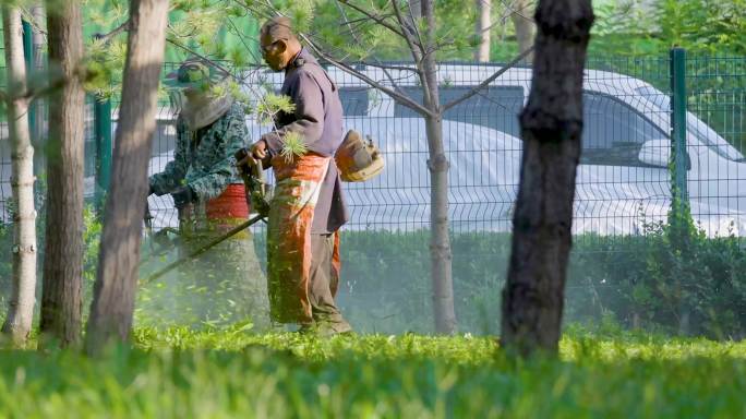 4K公园除草工人在清除杂草