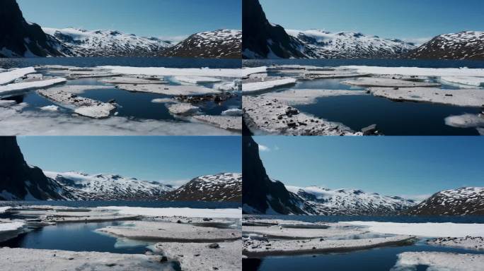 无人驾驶飞机飞越冰冻的湖面。水面上的冰块。冬日湖中的高山