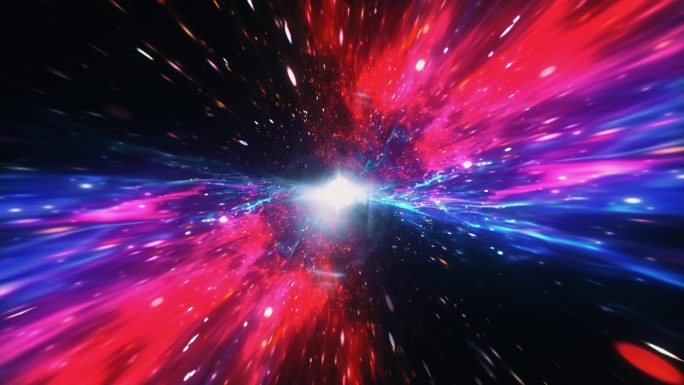 摘要星际飞行，在红蓝色超空间中的时间跳跃爆裂翘曲，无缝隙超音速隧道或虫孔科学数字背景。奇异性、引力波