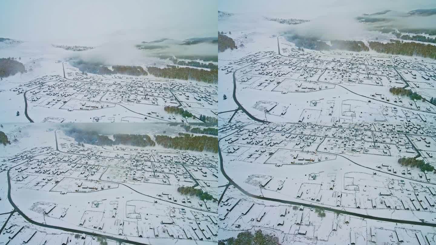 航拍新疆禾木深秋雪景
