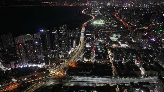 深圳福田区中洲湾建筑群夜景航拍