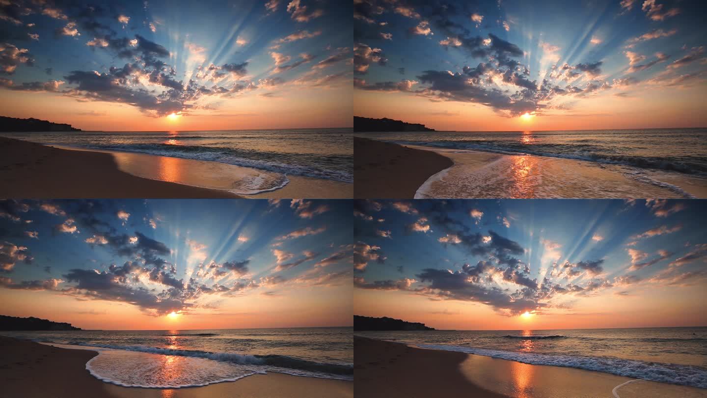 海洋海滩日出与天空, 蓬松的云和阳光, 视频