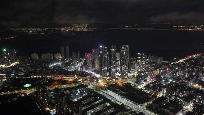 深圳福田区中洲湾建筑群夜景航拍