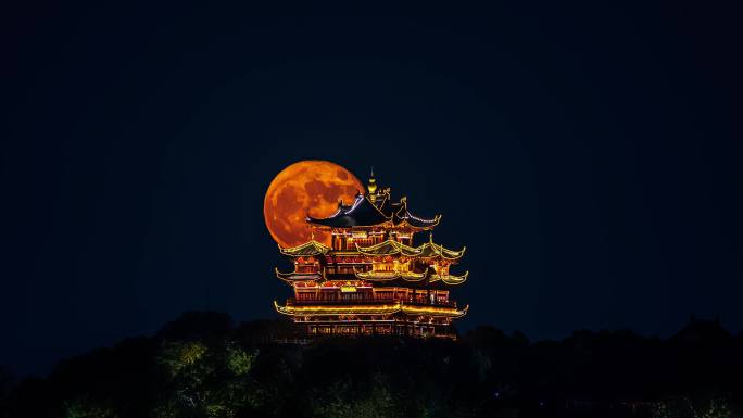 杭州西湖吴山城隍阁满月月亮升起月升4k