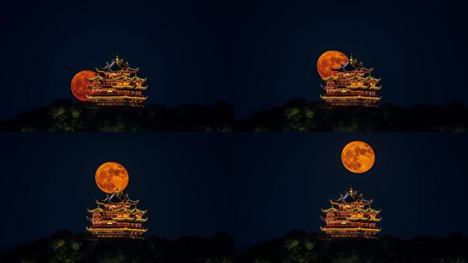 杭州西湖吴山城隍阁满月月亮升起月升4k