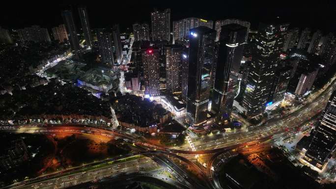 深圳福田区中洲湾建筑群夜景航拍