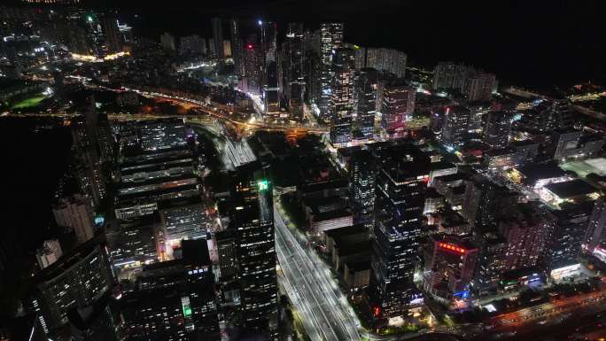 深圳福田区中洲湾建筑群夜景航拍