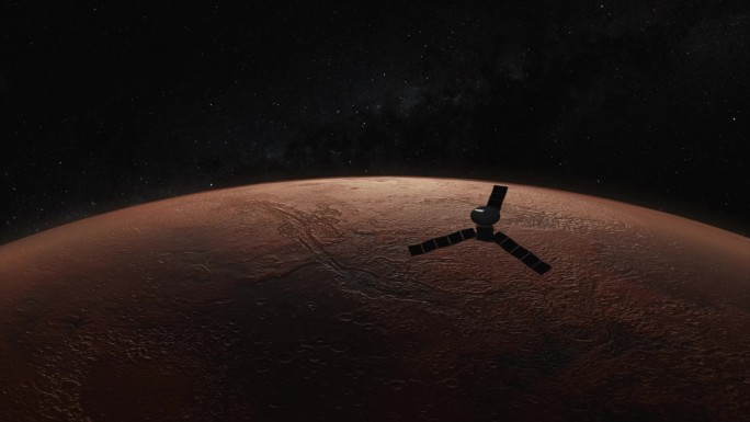 宇宙的概念。一颗太空卫星在这颗红色的星球上空飞行.火星。3D动画