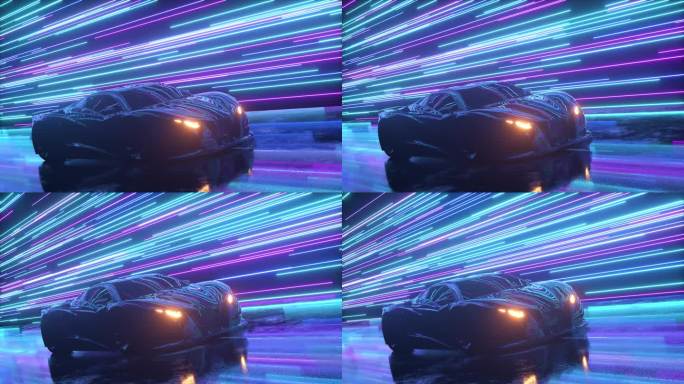 未来主义概念。跑车是在发光的霓虹灯线的背景下行驶的.蓝色紫色。无缝循环3D动画
