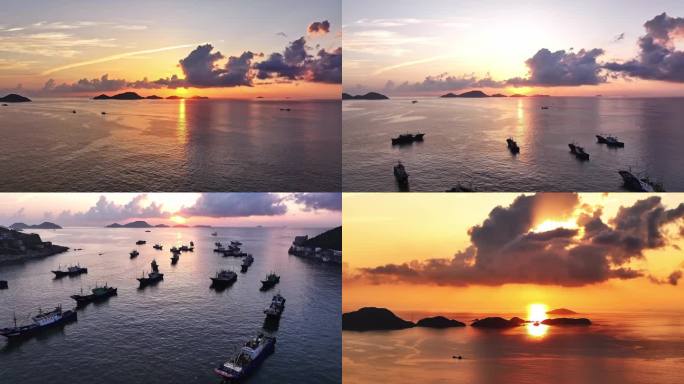 4K航拍台州温岭渔船码头日出