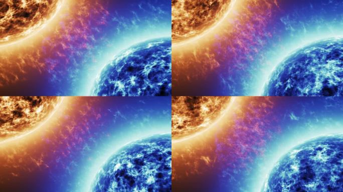 蓝色星 Vs 红星。红太阳表面与反对孤立在黑色的蓝色太阳的太阳耀斑。高度逼真的太阳表面，你的文字或标