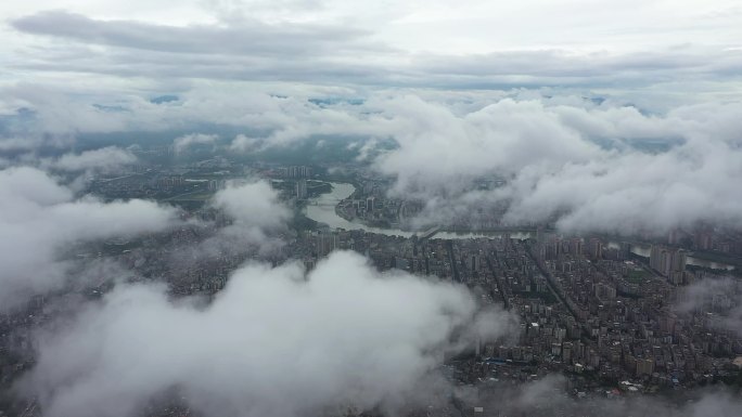 航拍雨后广州从化城区云雾风光