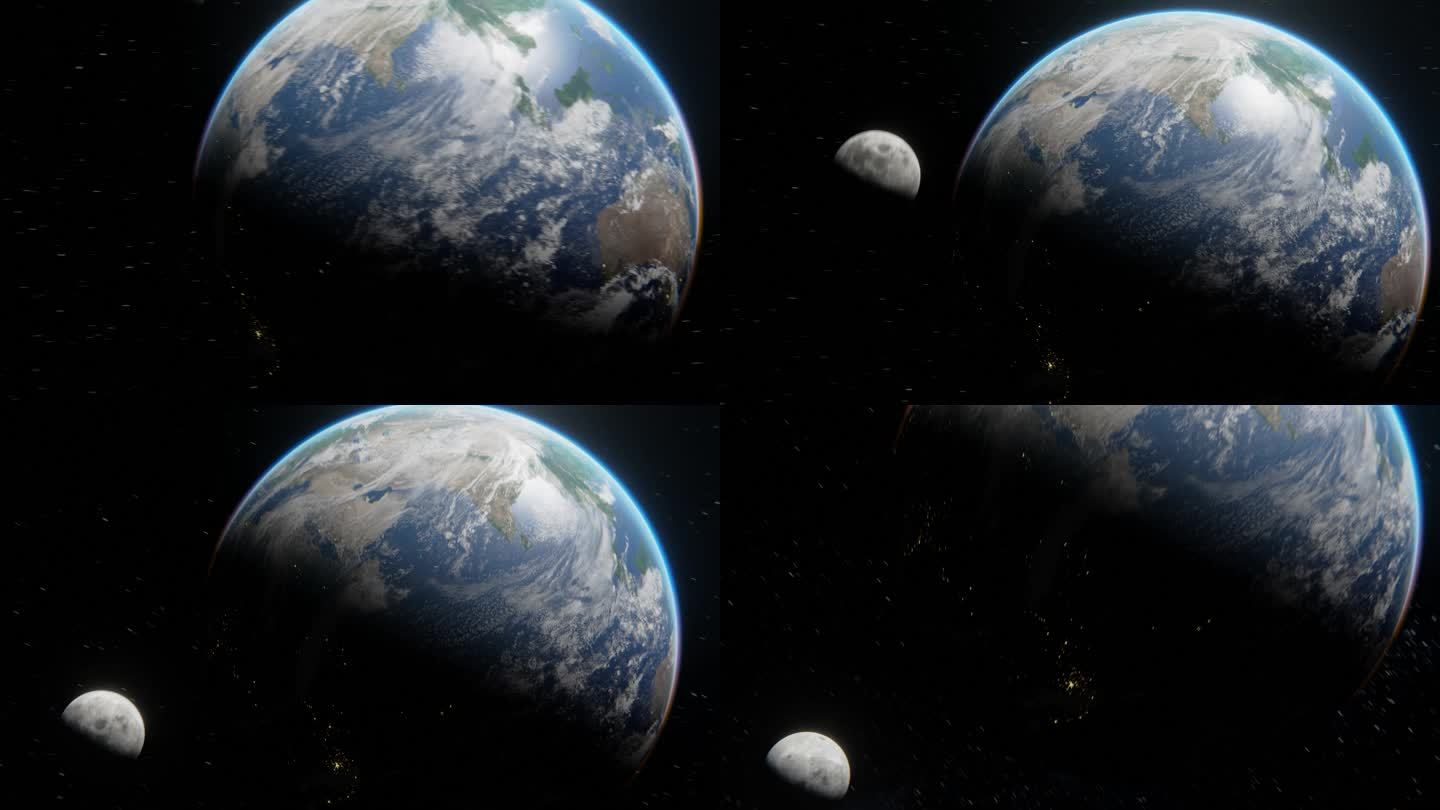 史诗般的月球在地球轨道上飞行的镜头。用月球卫星动态观测夜间地球.3D数码艺术，镜头