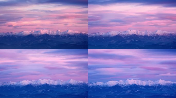 太阳落山时，斯洛伐克塔特拉山的冬季雪崩。色彩斑斓的云彩。高质量的镜头