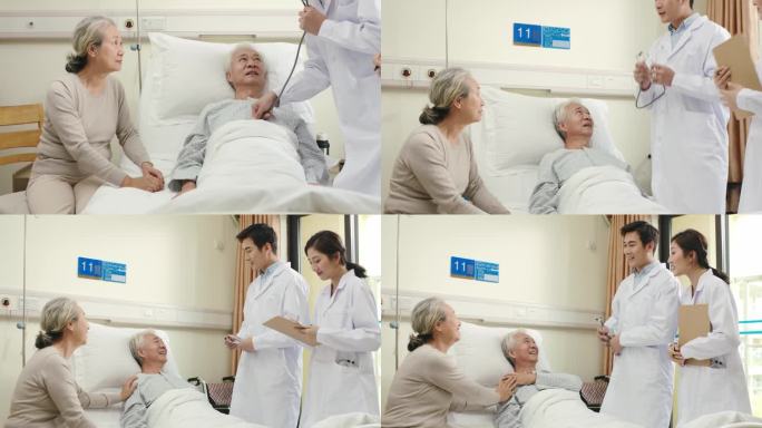 两名年轻的亚洲医生检查老年病人，并告诉他他的病情