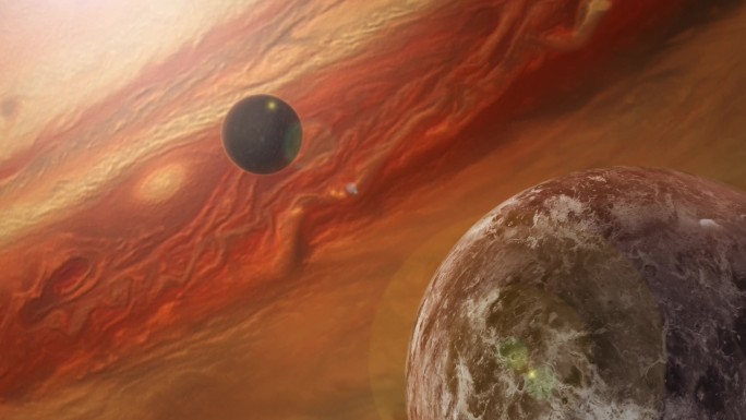 红太空行星经过()动画显示在外层空间旋转的红行星和月亮。未来的天空从科幻小说中脱颖而出。这个平滑的3