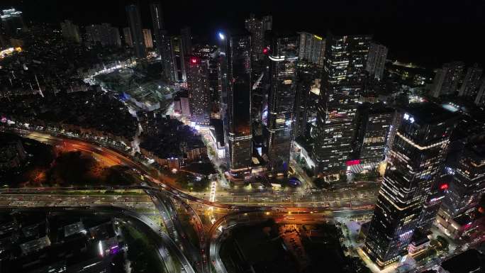 深圳福田区中洲湾建筑群夜景航拍