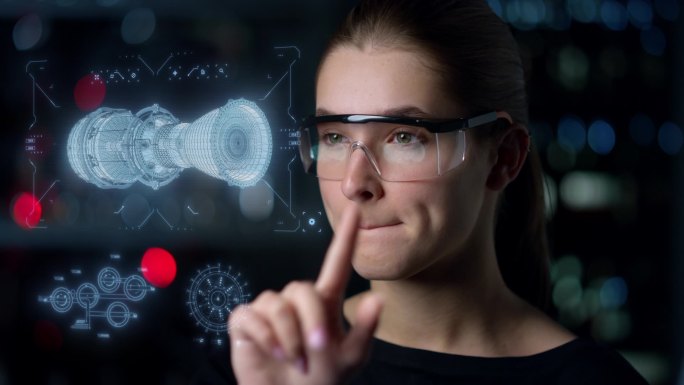 发动机全息图检查妇女分析数字眼镜中的全息图像