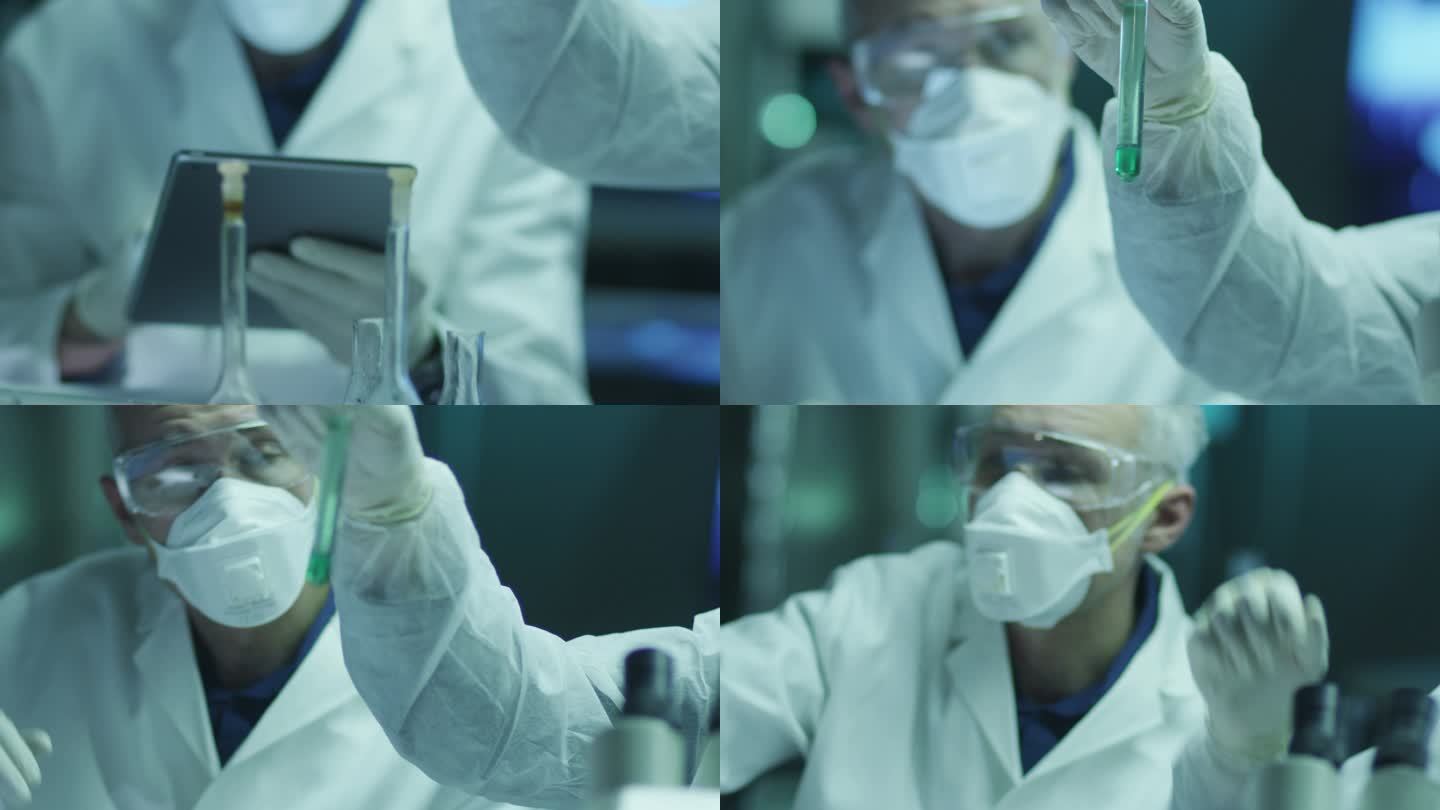 科学家组成的小组正在做生物研究和写数据到平板电脑。