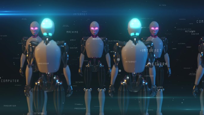 无尽的机器人走廊彼此相对。未来的技术和人工智能概念。从机器人身边飞驰而过。蓝色和粉色霓虹灯发光。无缝