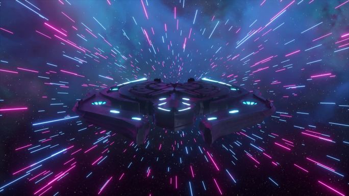 科幻小说概念。宇宙飞船穿过霓虹灯蓝色的紫色线。未来派照明走廊。技术。高质量的镜头