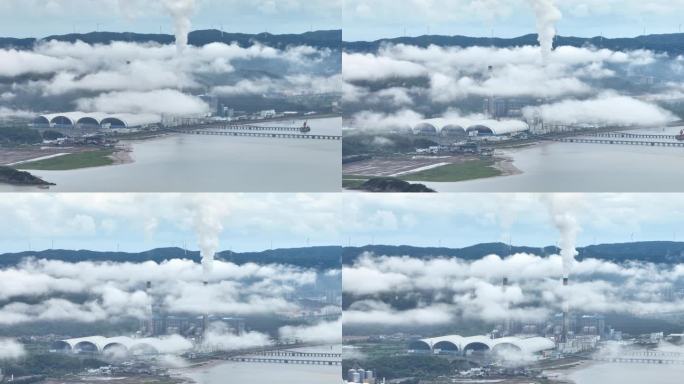 海边电厂工场发电厂，穿云，云朵，海边，山