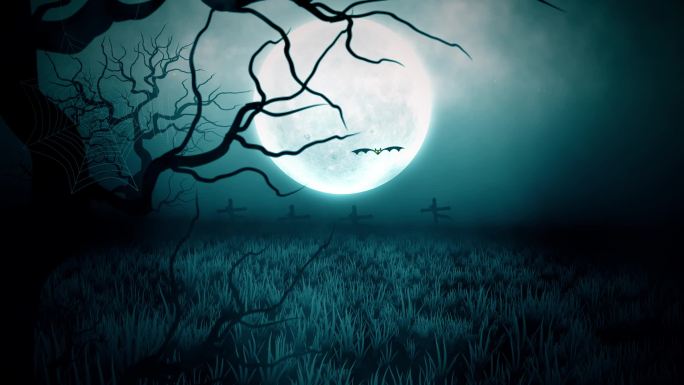 抽象动画之夜与月飞蝙蝠在墓地墓地万圣节背景。