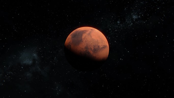 在拍摄火星飞行的过程中，以恒星为背景，穿过了太空。3D 火星红行星可视化放大