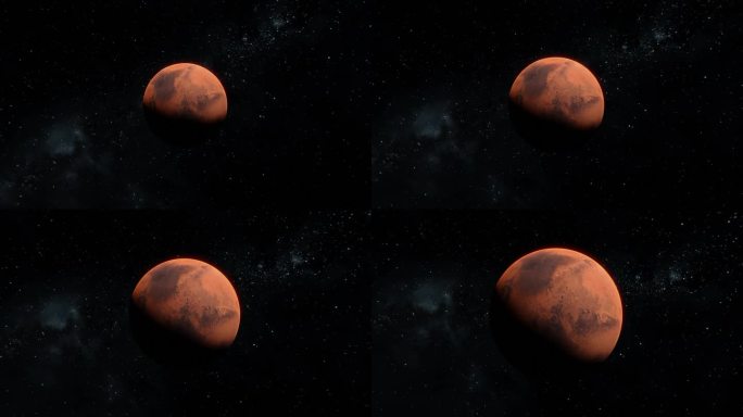 在拍摄火星飞行的过程中，以恒星为背景，穿过了太空。3D 火星红行星可视化放大