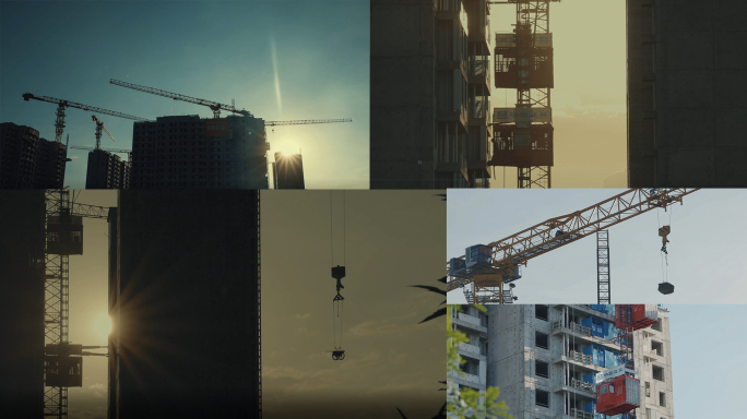 4K城市建设工地工人塔吊日出延时素材