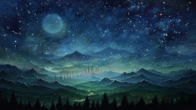 星空月夜背景油画风格微动态