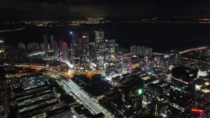 深圳福田区中洲湾建筑群夜景航拍