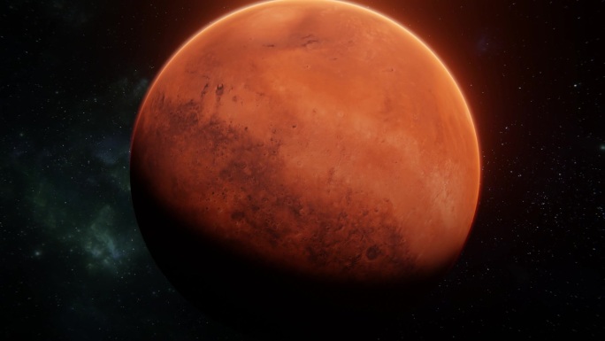 在火星上的红色行星在恒星和星云背景上围绕着太空的轴线旋转。照得火星变焦了现实主义3D艺术可视化