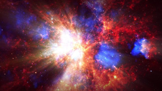 太空探索通过外太空朝向银河系星光橙色蓝色的动画飞行通过发光的星云，云和星。在深空的云层和星空中飞行.