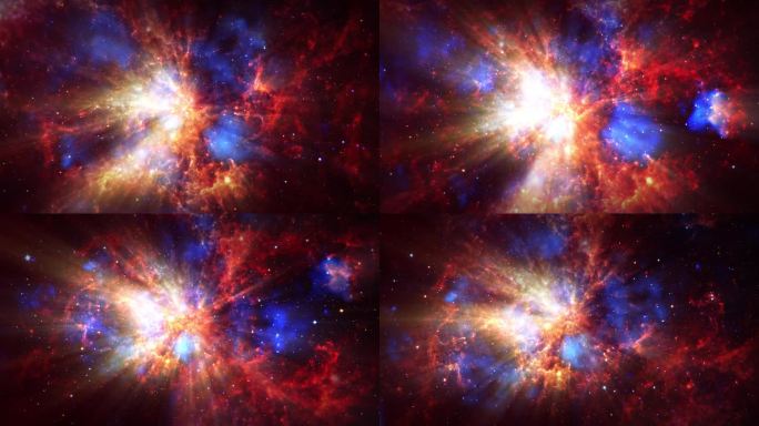 太空探索通过外太空朝向银河系星光橙色蓝色的动画飞行通过发光的星云，云和星。在深空的云层和星空中飞行.