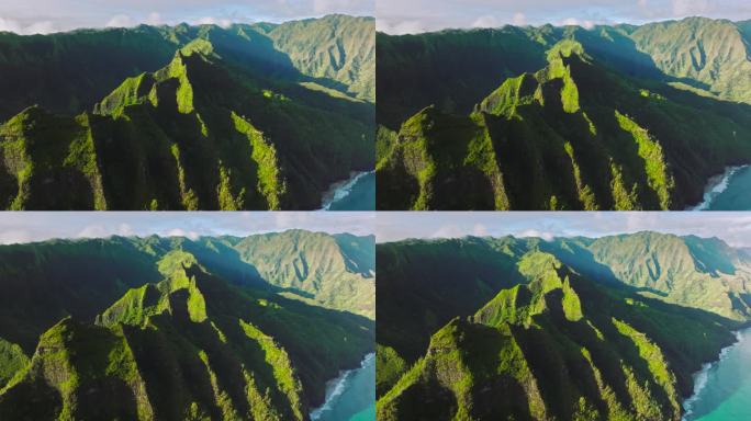 史诗般的绿色丛林山脉海岸自然背景。旅行热带岛屿考艾岛夏威夷的纯净自然环境。世界著名海岸线的电影自然空