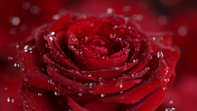 旋转和飞溅的红玫瑰的超级慢镜头在1000发的速度下绽放.用高速摄像机拍摄..