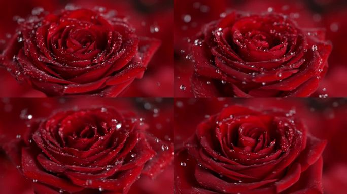 旋转和飞溅的红玫瑰的超级慢镜头在1000发的速度下绽放.用高速摄像机拍摄..