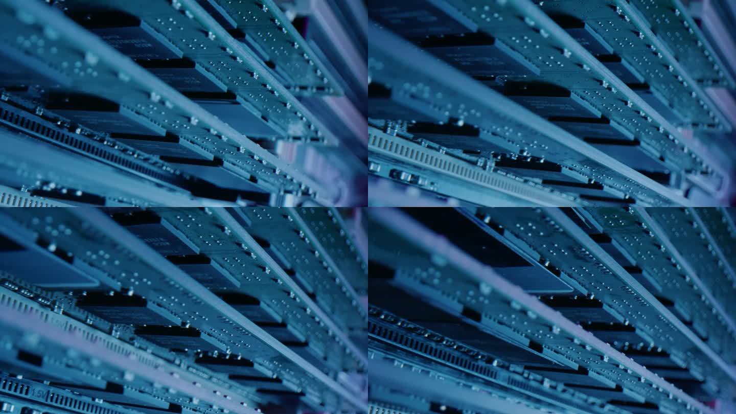 特写宏射击:PCB主板组件、包括RAM内存、晶体管、处理器。具有垂直屏幕定向的视频图像9:16