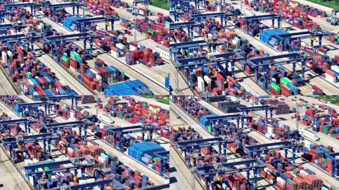 航拍长江港口码头集装箱货轮航运装卸龙门吊