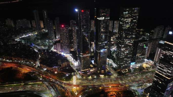 深圳福田区中洲湾建筑群夜景航拍