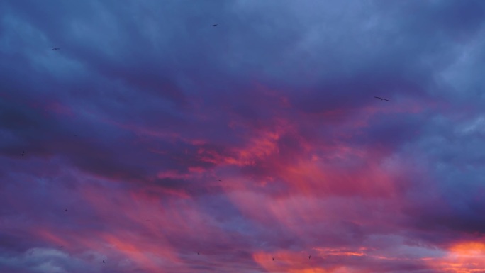 深蓝色、紫色和红色暴风雨天空背景，在日落时分以  的令人惊叹的充满活力的云层形成