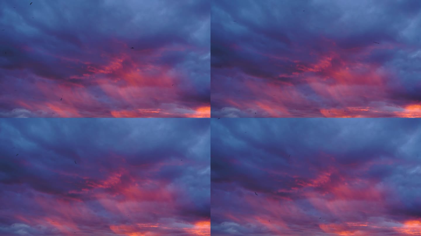 深蓝色、紫色和红色暴风雨天空背景，在日落时分以  的令人惊叹的充满活力的云层形成